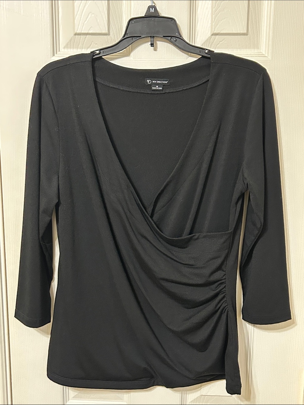 New Directions Black Surplice Ruched Draped Neck Top